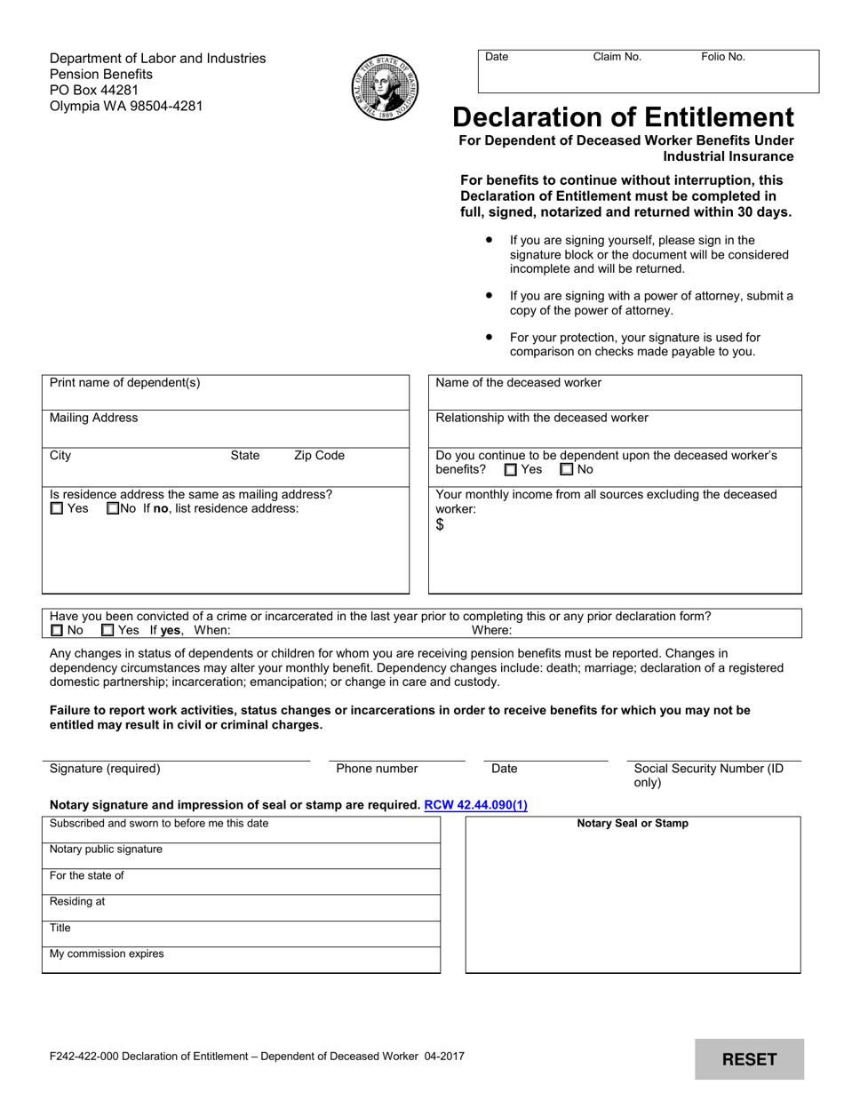 Form F242-422-000 Declaration of Entitlement for Dependent of Deceased Worker Benefits Under Industrial Insurance - Washington, Page 1