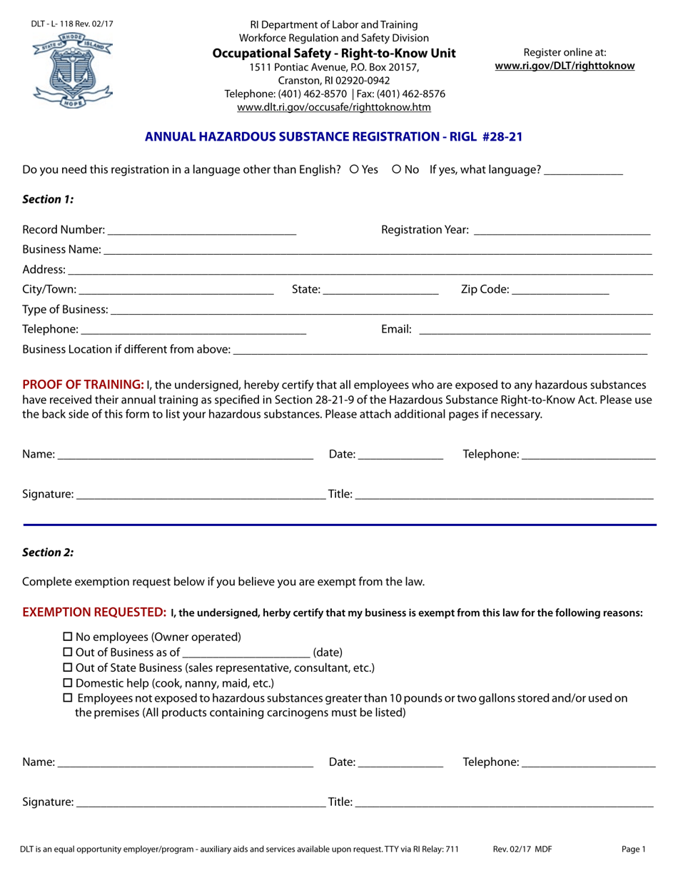 Form DLTL118 Fill Out, Sign Online and Download Fillable PDF, Rhode