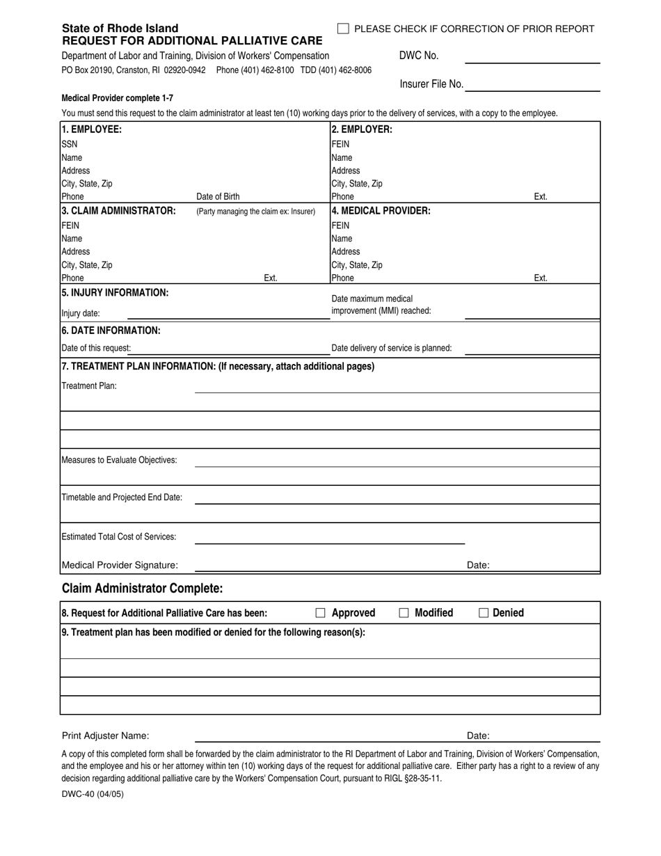 Form DWC-40 Request for Additional Palliative Care - Rhode Island, Page 1