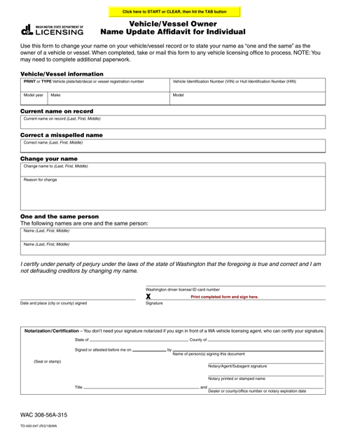 Form TD-420-047 Vehicle/Vessel Owner Name Update Affidavit for Individual - Washington