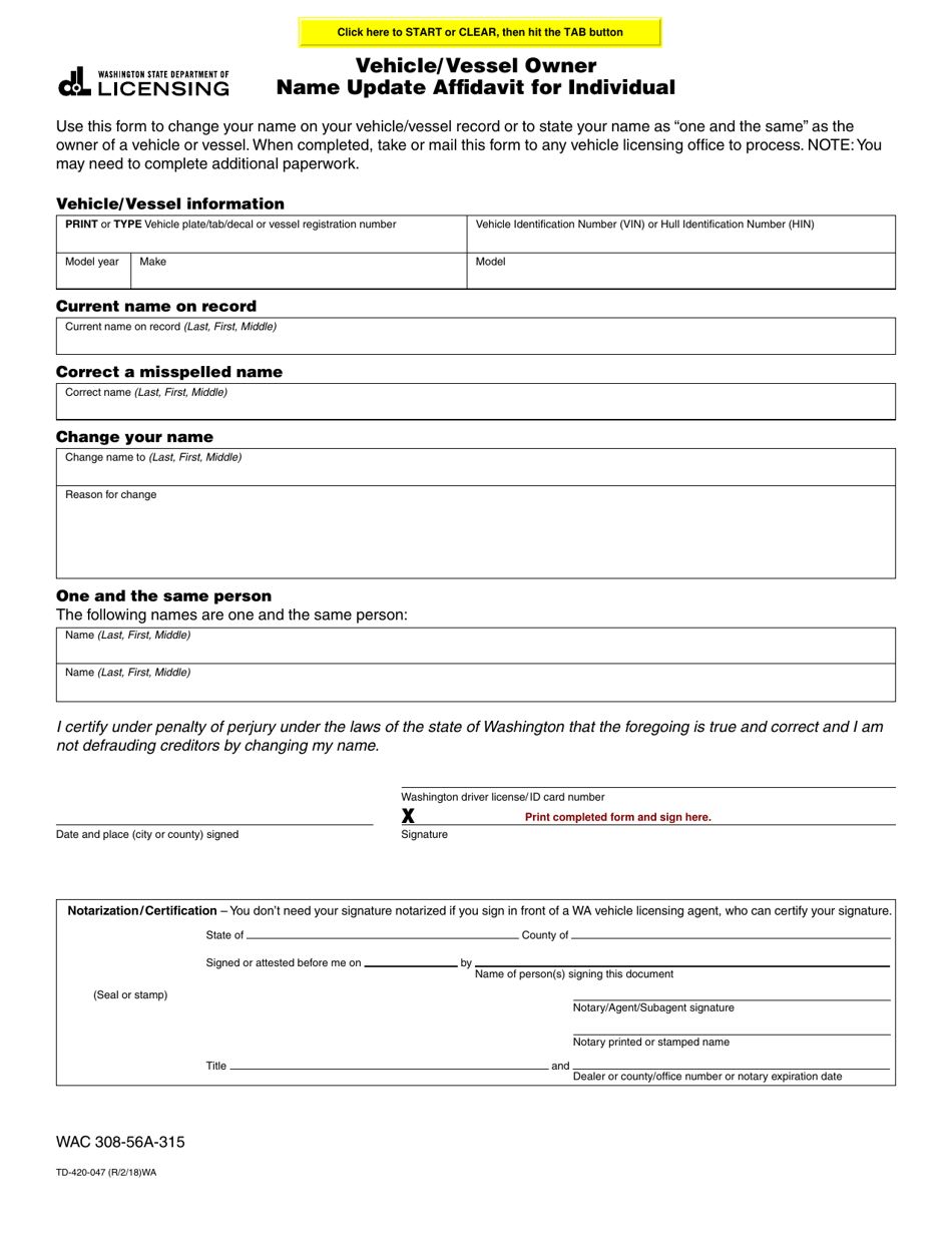 Form TD-420-047 Vehicle / Vessel Owner Name Update Affidavit for Individual - Washington, Page 1