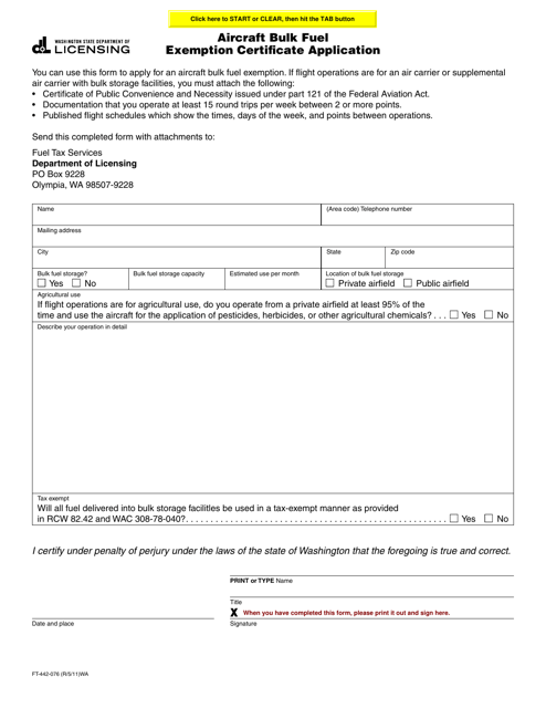 Form FT-442-076 Aircraft Bulk Fuel Exemption Certificate Application - Washington