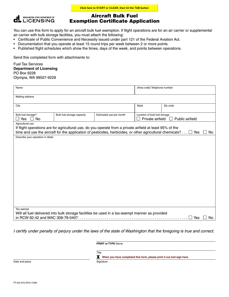 Form FT-442-076 Aircraft Bulk Fuel Exemption Certificate Application - Washington, Page 1