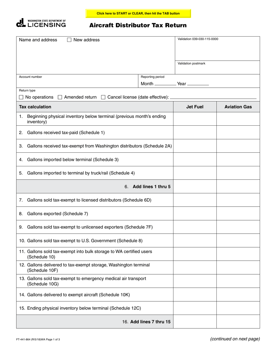 Form FT-441-864 Aircraft Distributor Tax Return - Washington, Page 1