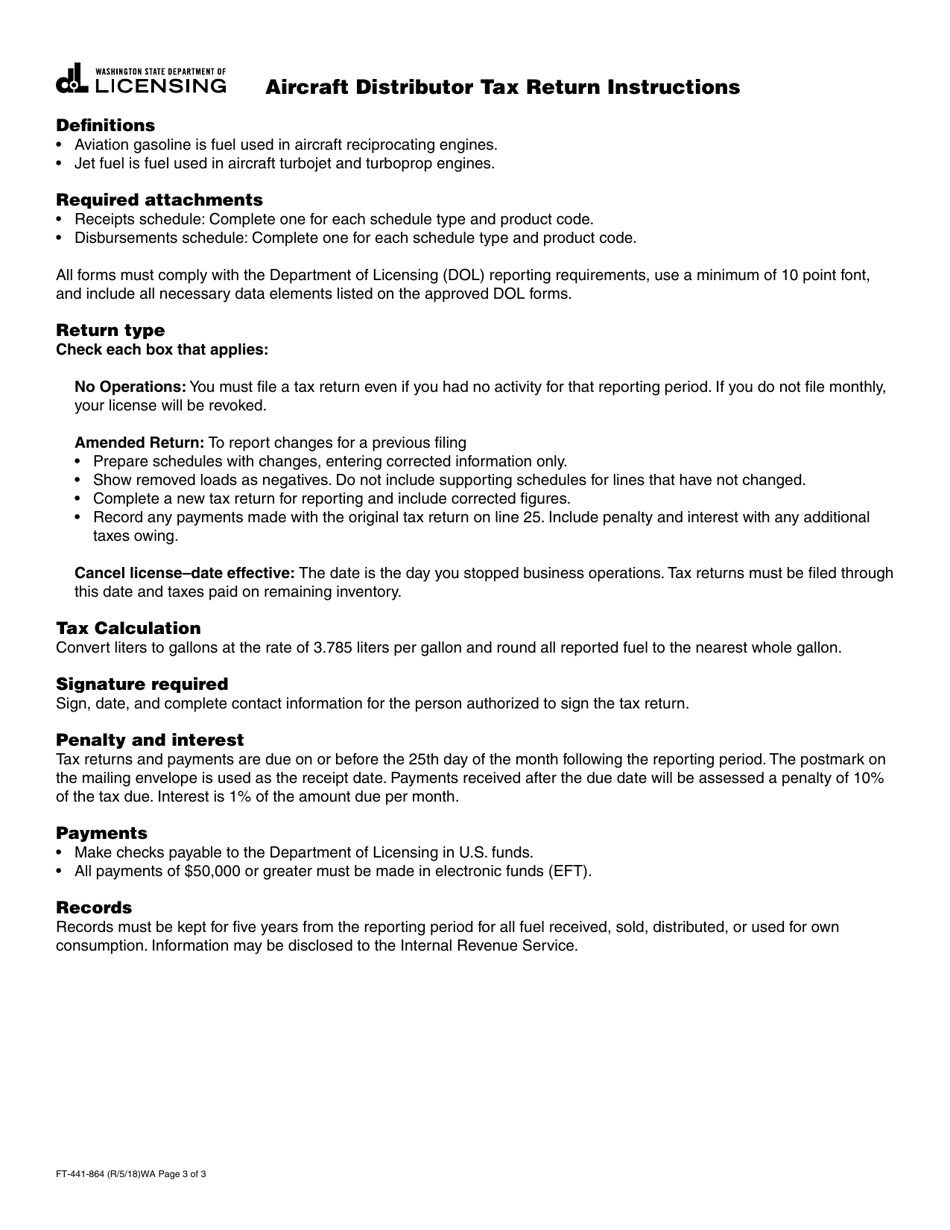 Form FT-441-864 Aircraft Distributor Tax Return - Washington, Page 3
