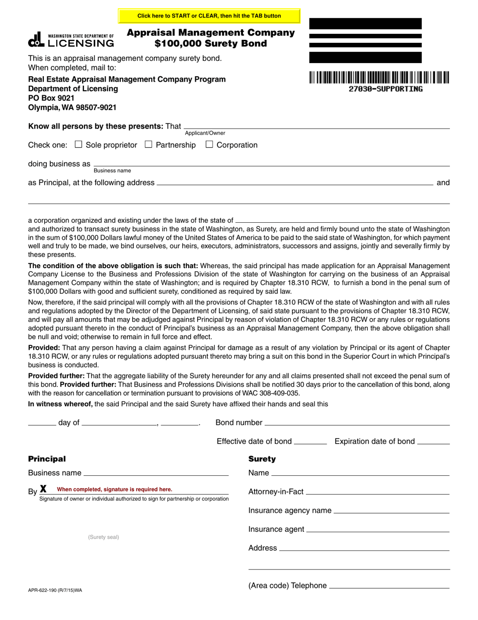 Form APR-622-190 Appraisal Management Company $100,000 Surety Bond - Washington, Page 1