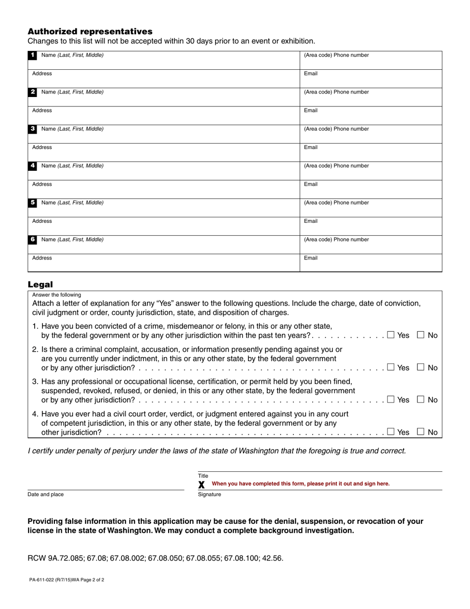 Form PA-611-022 Amateur Mixed Martial Arts Sanctioning Organization License Application - Washington, Page 2
