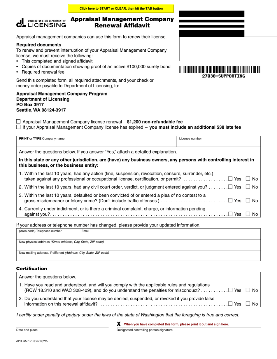 Form APR-622-191 Appraisal Management Company Renewal Affidavit - Washington, Page 1