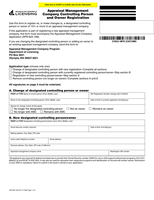 Form APR-622-189 Appraisal Management Company Controlling Person and Owner Registration - Washington