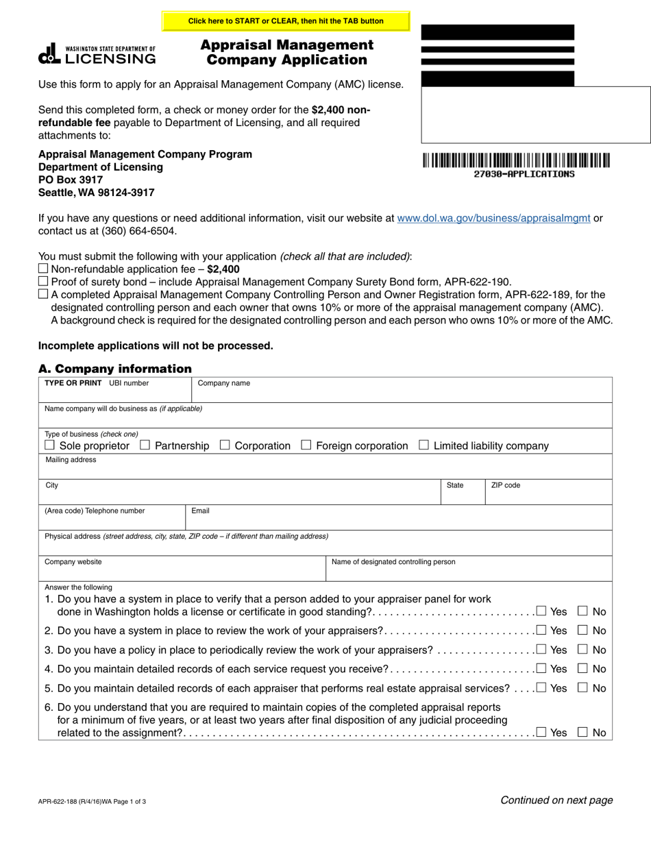 Form APR-622-188 Appraisal Management Company Application - Washington, Page 1