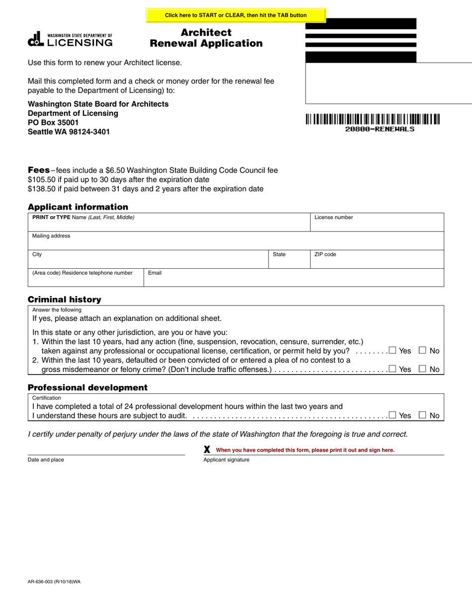 Form AR-636-003 Architect Renewal Application - Washington, Page 1