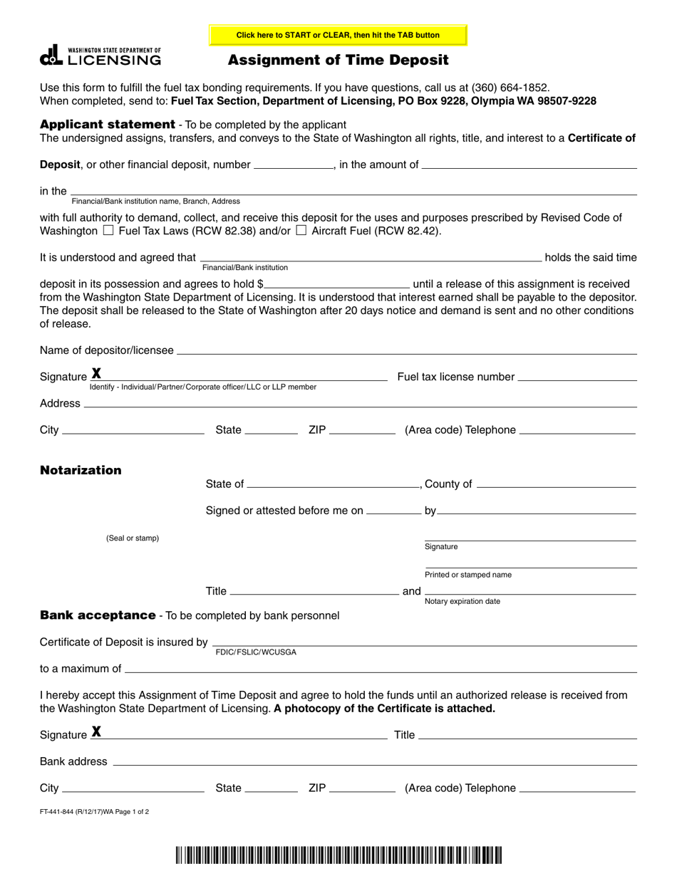 Form FT-441-844 Assignment of Time Deposit - Washington, Page 1