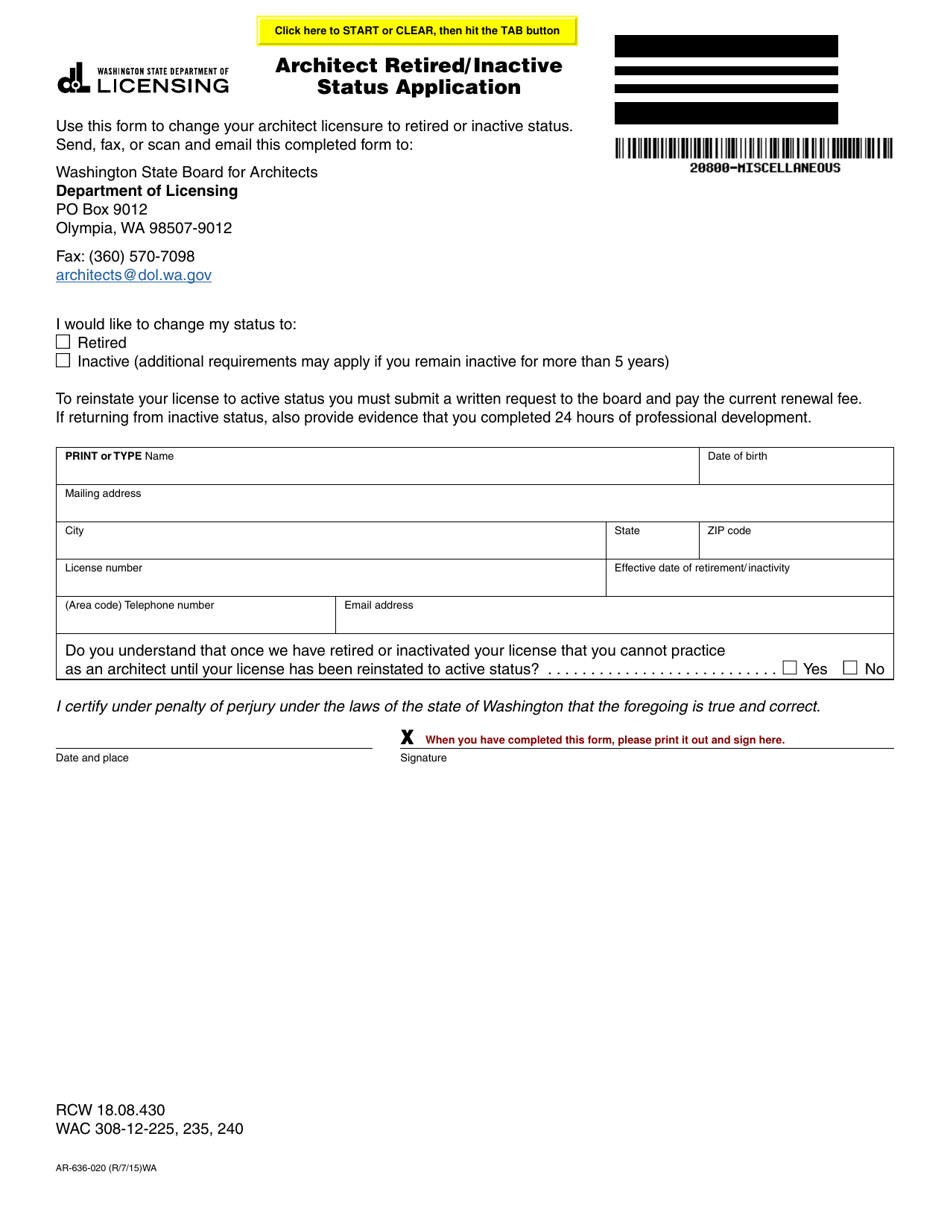 Form AR-636-020 Architect Retired / Inactive Status Application - Washington, Page 1