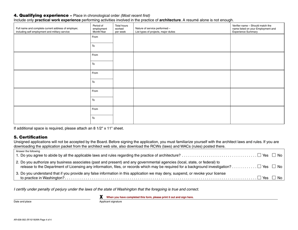 Form AR-636-002 Architect Registration Initial Application - Washington, Page 4