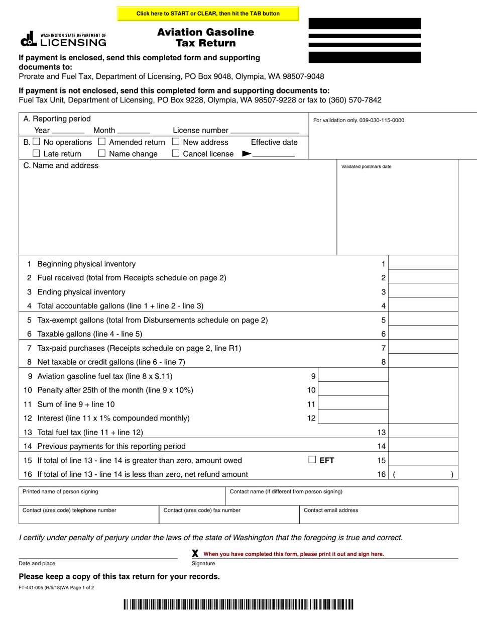 Form FT-441-005 Aviation Gasoline Tax Return - Washington, Page 1