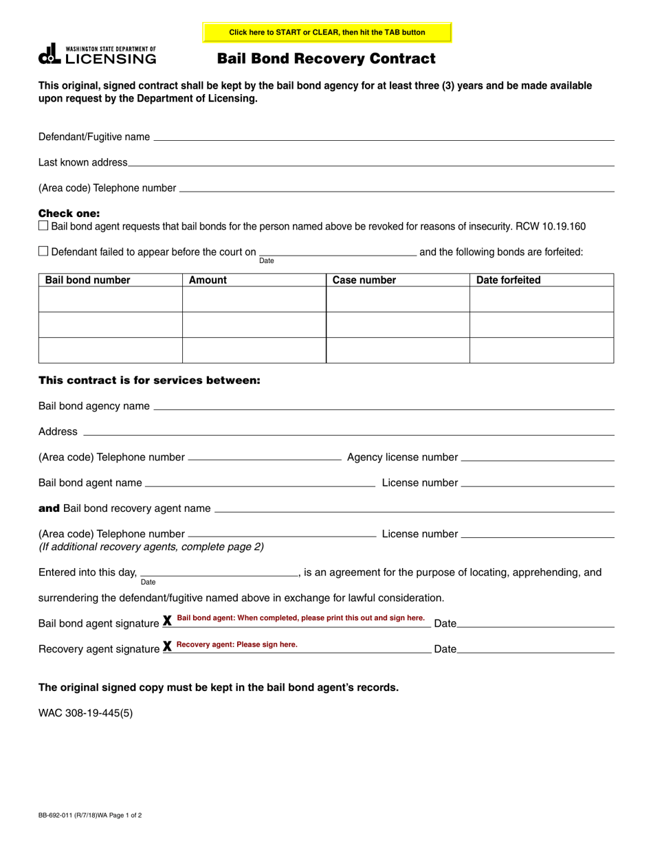Form BB-692-011 Bail Bond Recovery Contract - Washington, Page 1