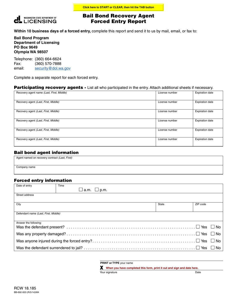 Form BB-692-003 Bail Bond Recovery Agent Forced Entry Report - Washington, Page 1