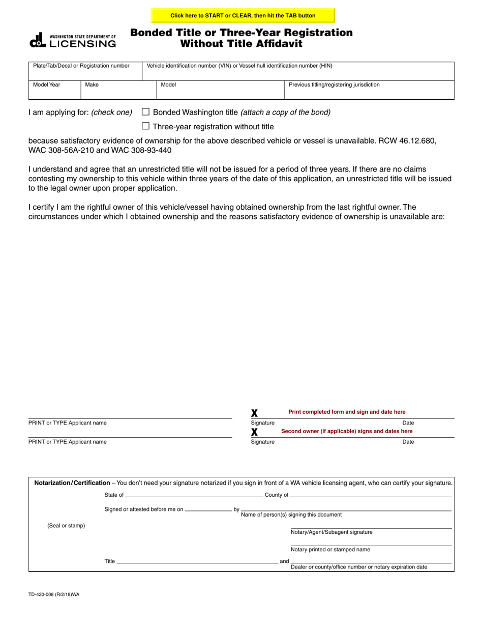 Form TD-420-008 Bonded Title or Three-Year Registration Without Title Affidavit - Washington, Page 1