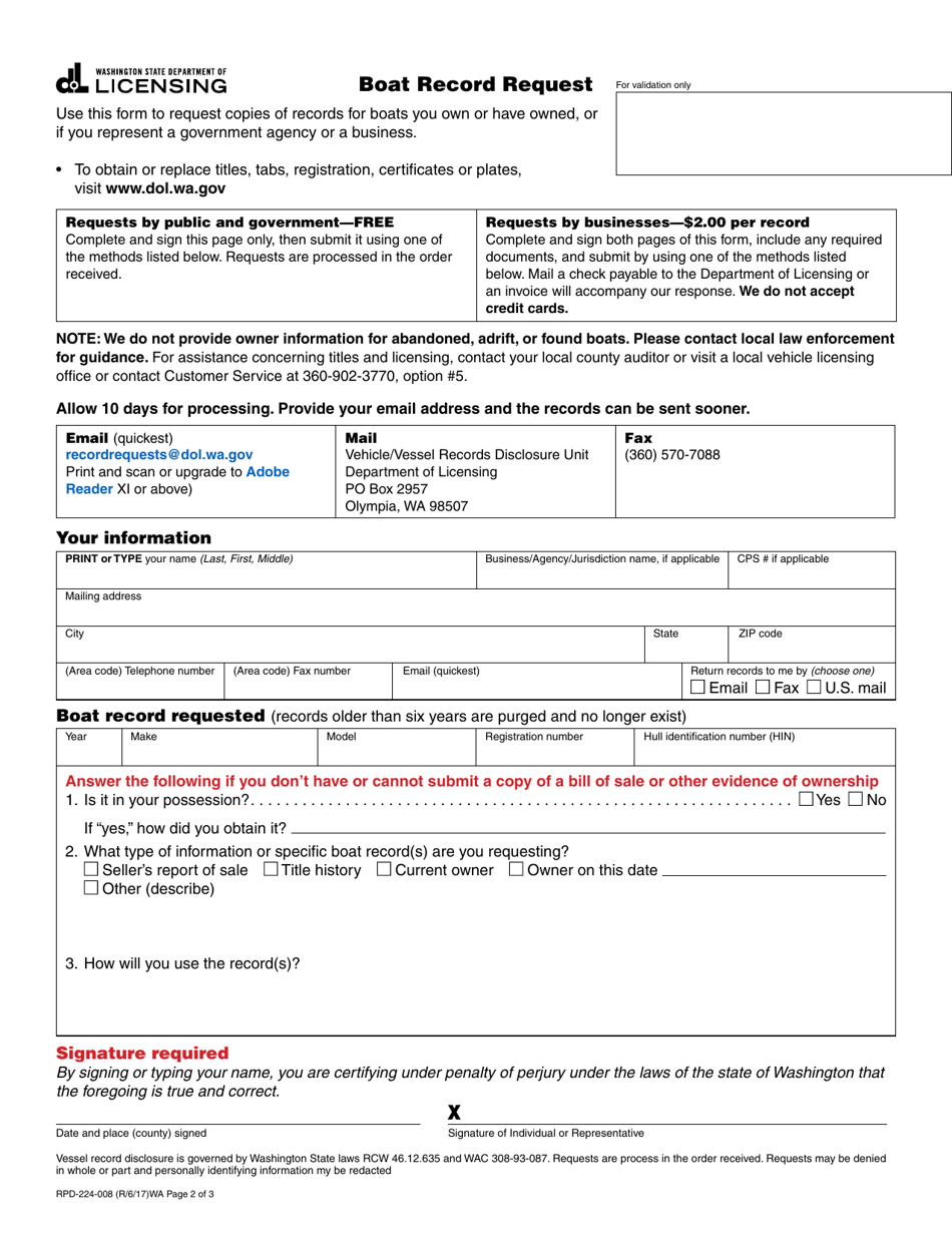 Form RPD-224-008 Boat Record Request - Washington, Page 2