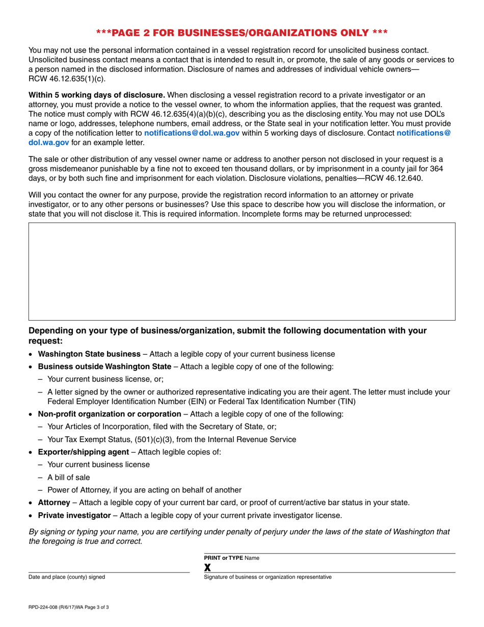Form RPD-224-008 Boat Record Request - Washington, Page 3