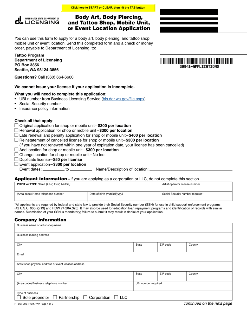 Form PT-667-002 Body Art, Body Piercing, and Tattoo Shop, Mobile Unit, or Event Location Application - Washington, Page 1