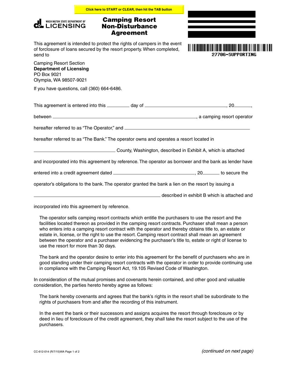 Form CC-612-014 Camping Resort Non-disturbance Agreement - Washington, Page 1