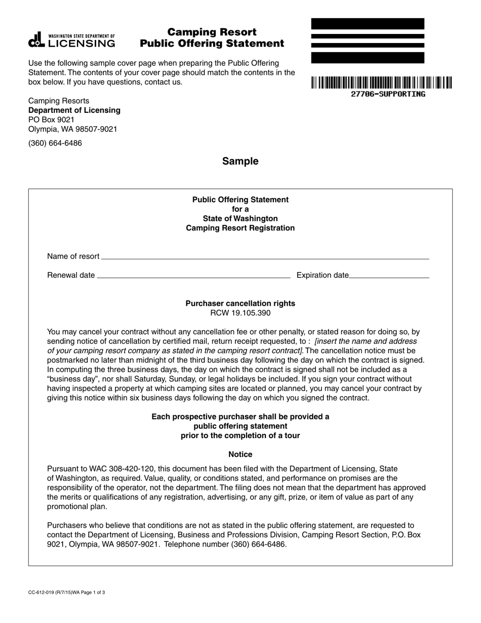 Form CC-612-019 Camping Resort Public Offering Statement - Washington, Page 1