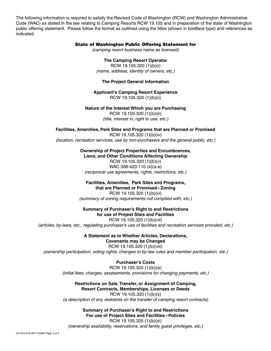 Form CC-612-019 Camping Resort Public Offering Statement - Washington, Page 2