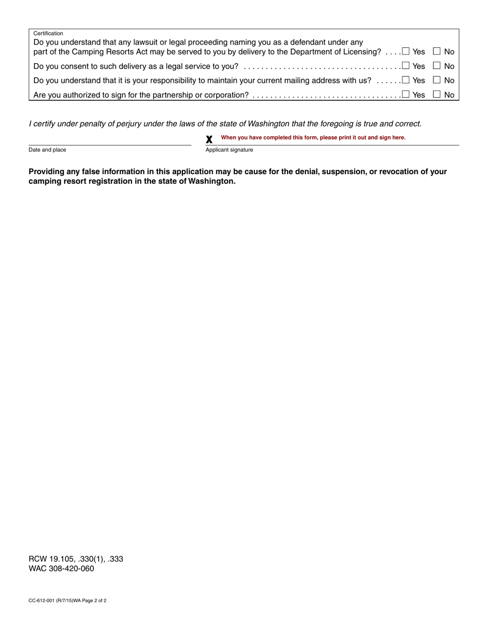 Form CC-612-001 Camping Resort Company Registration Application - Washington, Page 2