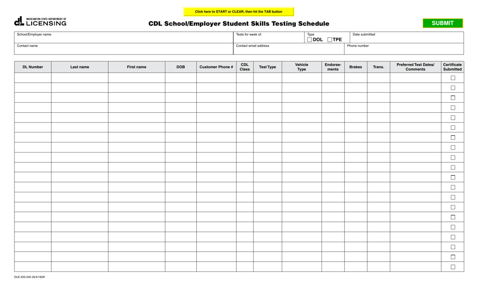 Form DLE-520-340 Cdl School / Employer Student Skills Testing Schedule - Washington, Page 1