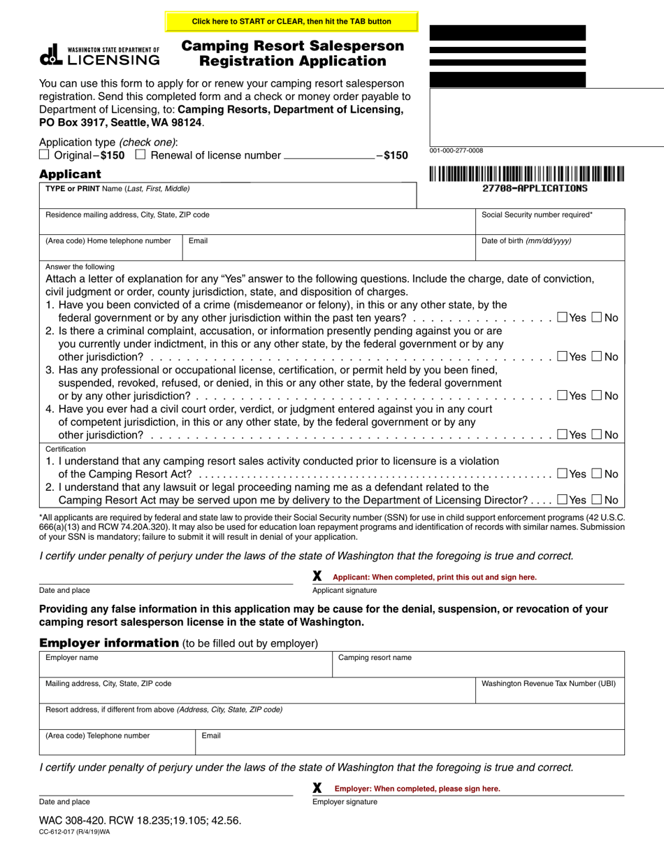 Form CC-612-017 Camping Resort Salesperson Registration Application - Washington, Page 1
