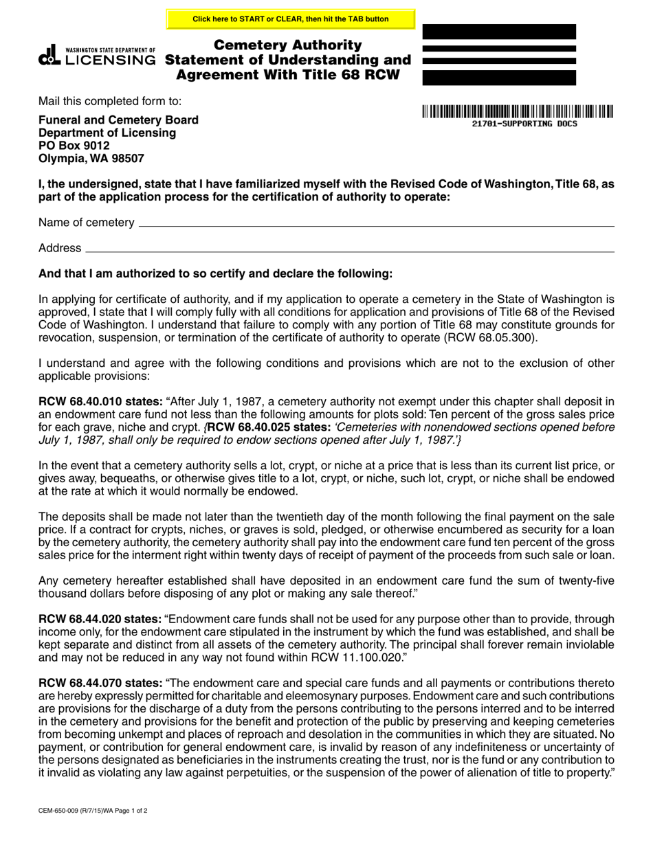 Form CEM-650-009 Cemetery Authority Statement of Understanding and Agreement With Title 68 Rcw - Washington, Page 1