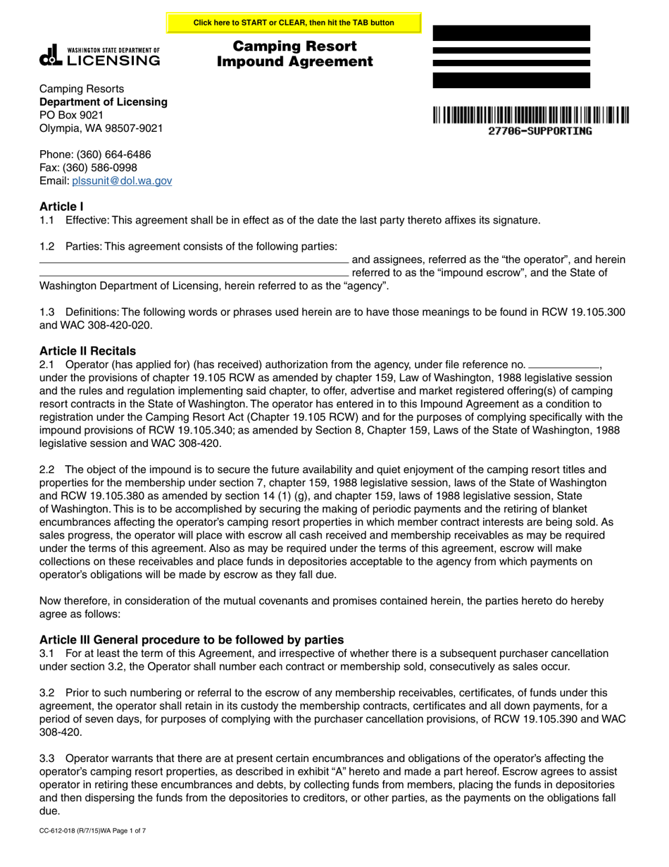 Form CC-612-018 Camping Resort Impound Agreement - Washington, Page 1