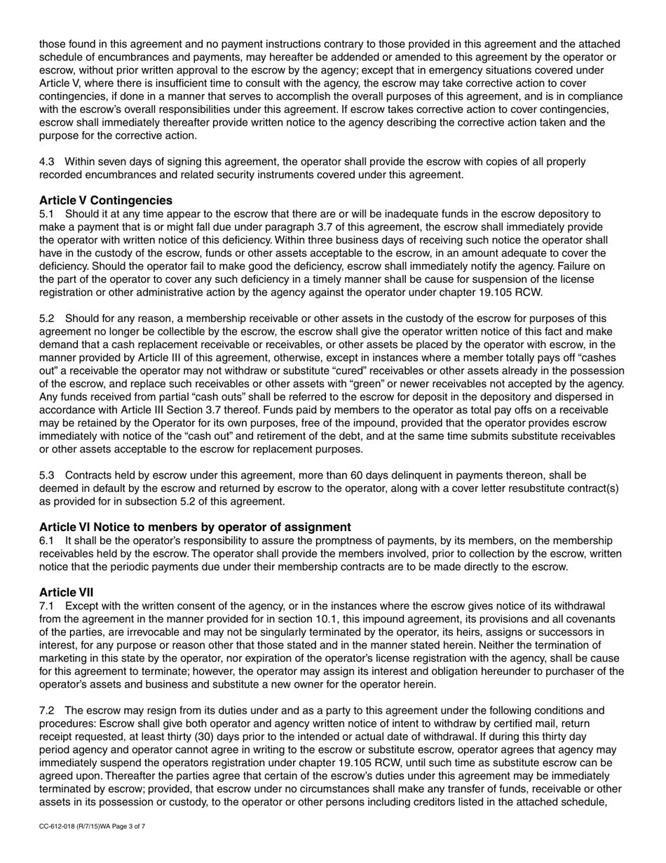 Form CC-612-018 Camping Resort Impound Agreement - Washington, Page 3