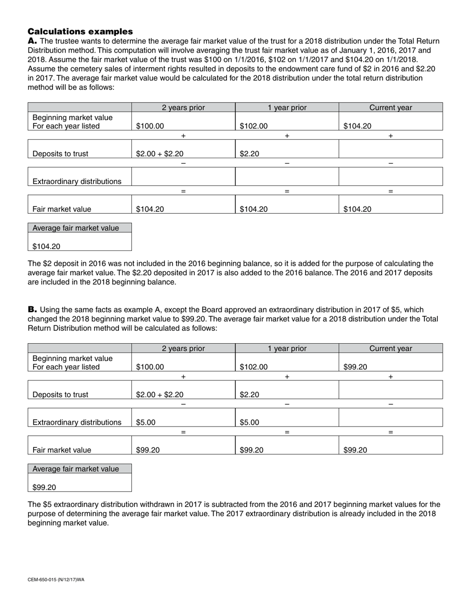 Form CEM-650-015 Cemetery Endowment Care Fund Average Fair Market Value Worksheet - Washington, Page 2