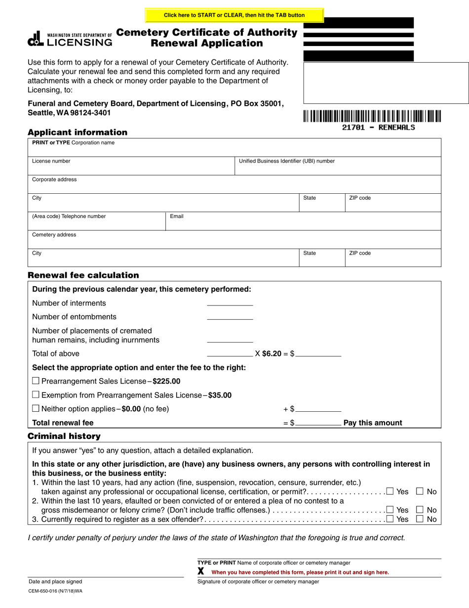 Form CEM-650-016 Cemetery Certificate of Authority Renewal Application - Washington, Page 1