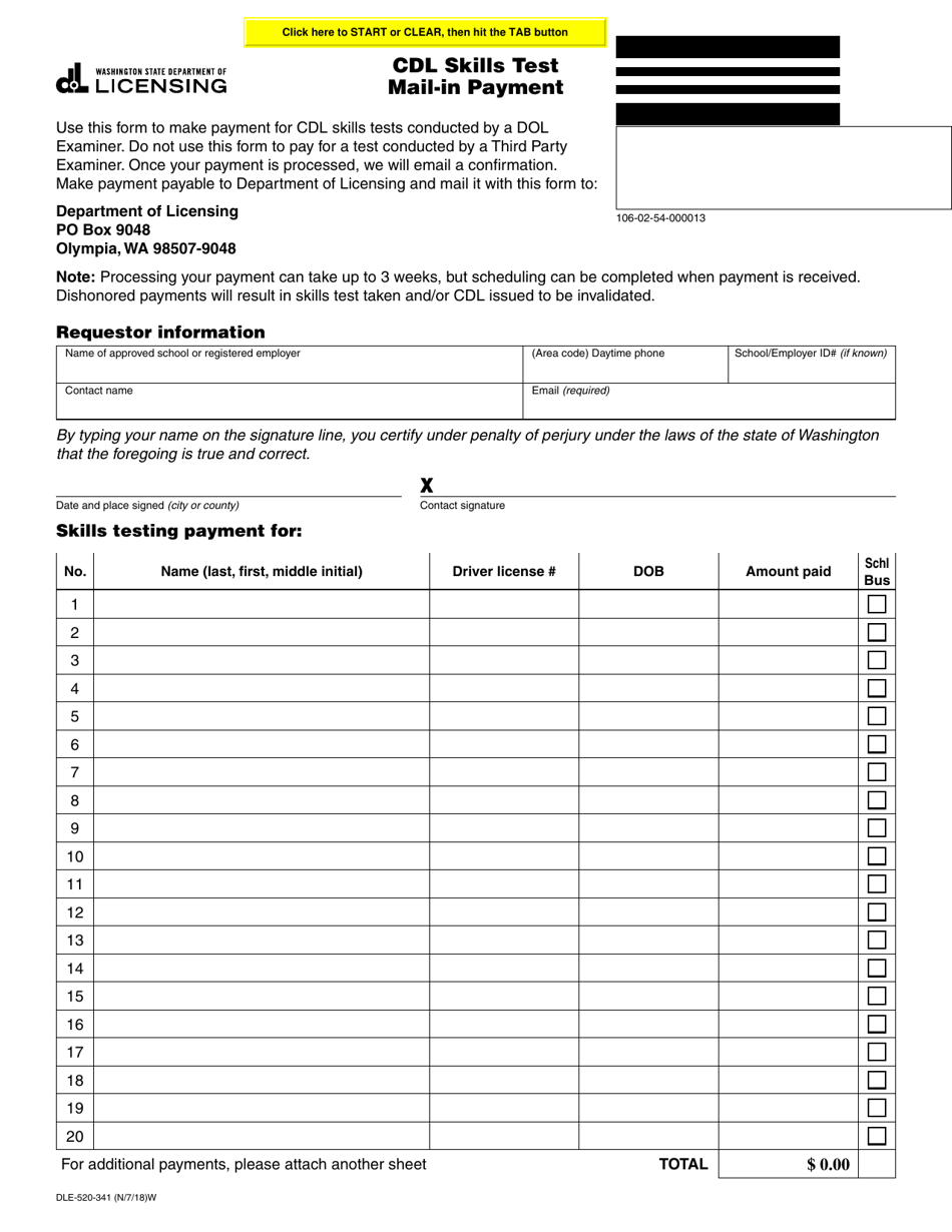 Form DLE-520-341 Cdl Skills Test Mail-In Payment - Washington, Page 1
