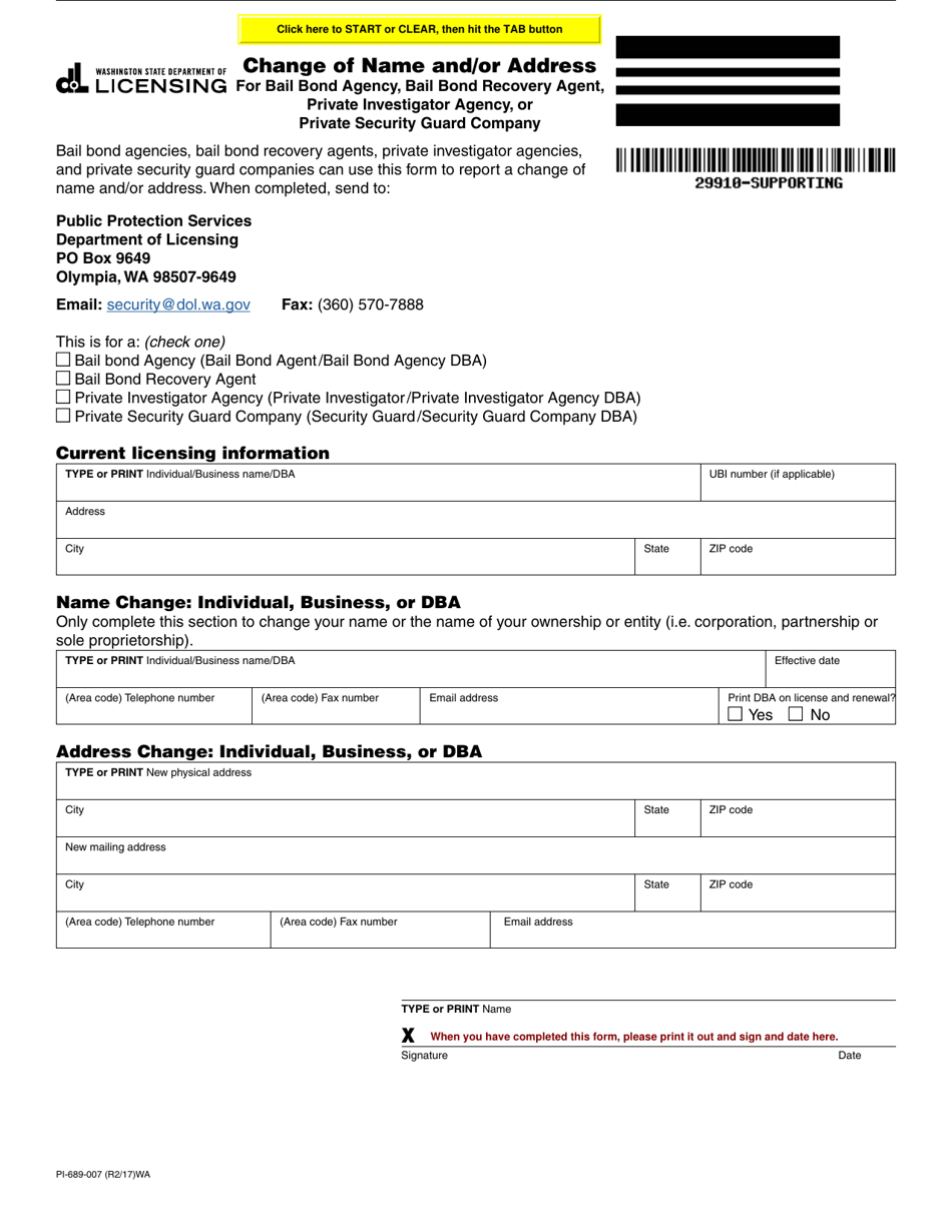 Form PI-689-007 Change of Name and / or Address for Bail Bond Agency, Bail Bond Recovery Agent, Private Investigator Agency, or Private Security Guard Company - Washington, Page 1