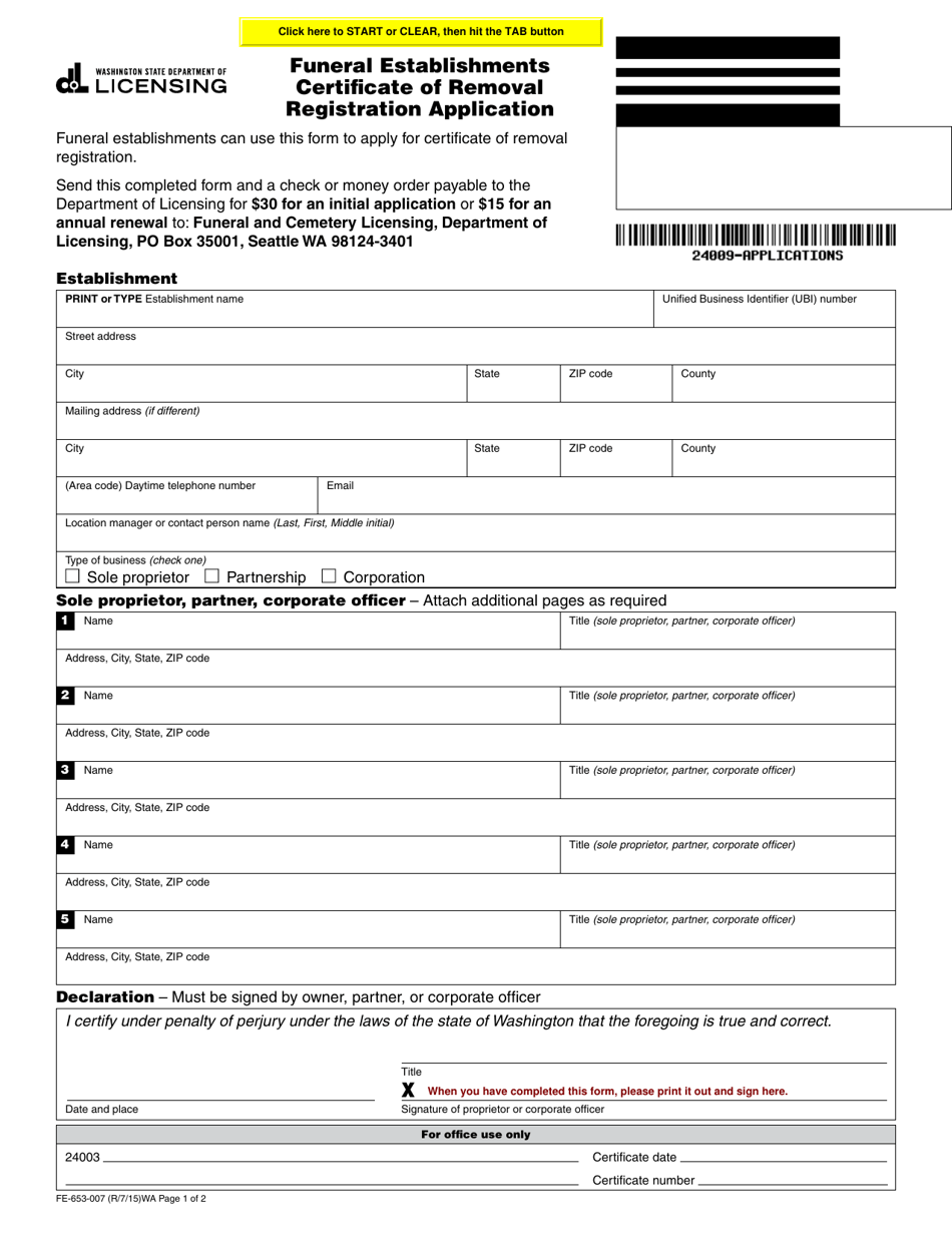 Form FE-653-007 Funeral Establishments Certificate of Removal Registration Application - Washington, Page 1