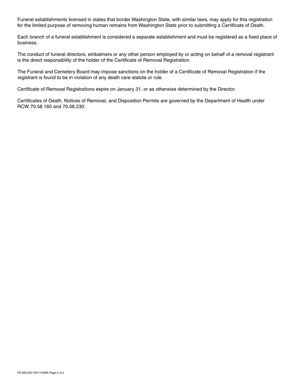 Form FE-653-007 Funeral Establishments Certificate of Removal Registration Application - Washington, Page 2