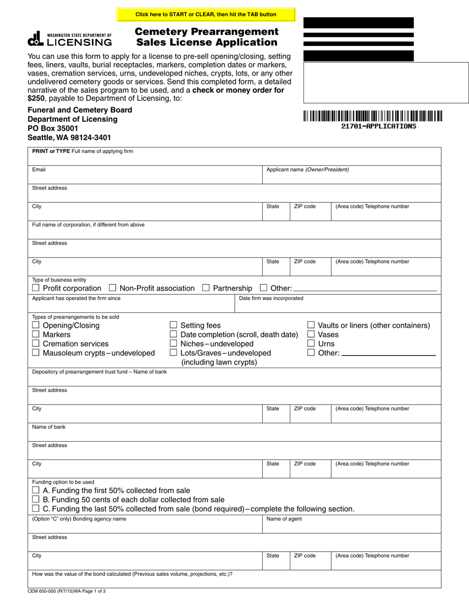Form CEM-650-005 Cemetery Prearrangement Sales License Application - Washington, Page 1