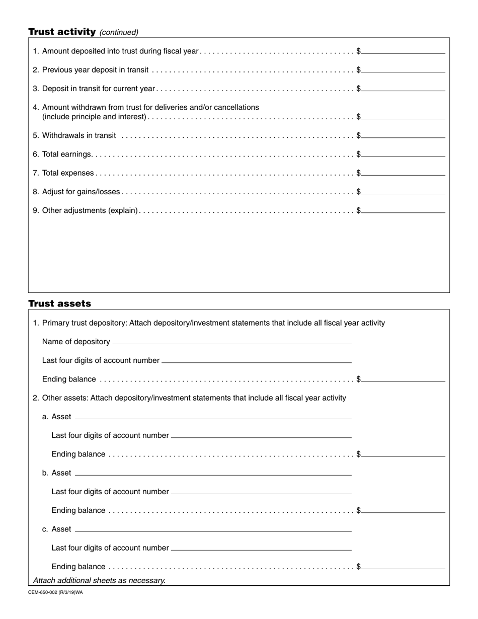 Form CEM-650-002 Cemetery Prearrangement Sales Annual Report - Washington, Page 2