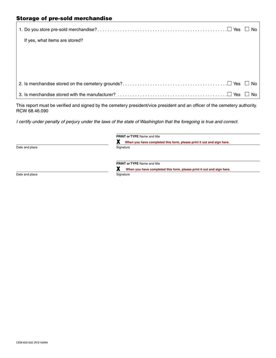 Form CEM-650-002 Cemetery Prearrangement Sales Annual Report - Washington, Page 3