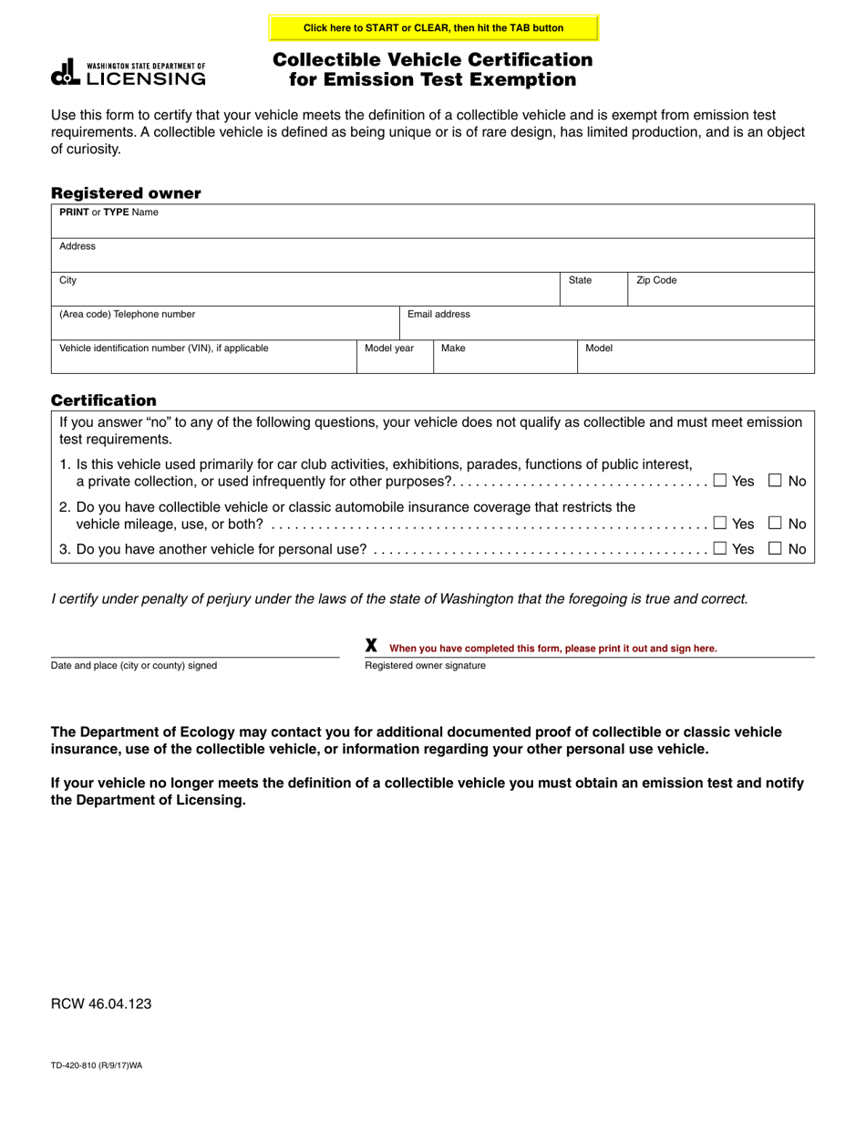 Form TD-420-810 Collectible Vehicle Certification for Emission Test Exemption - Washington, Page 1