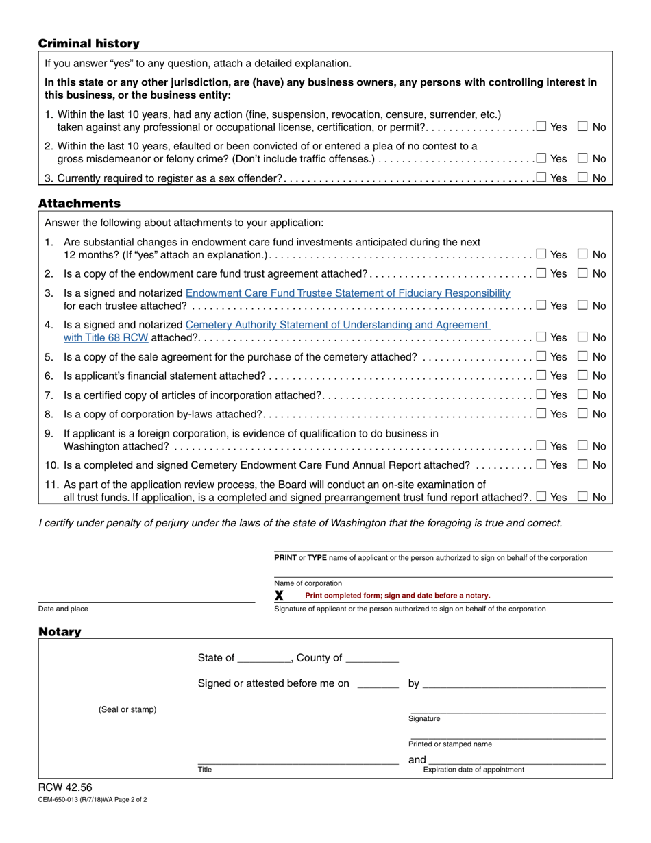 Form CEM-650-013 Cemetery Certificate of Authority Application - Washington, Page 2