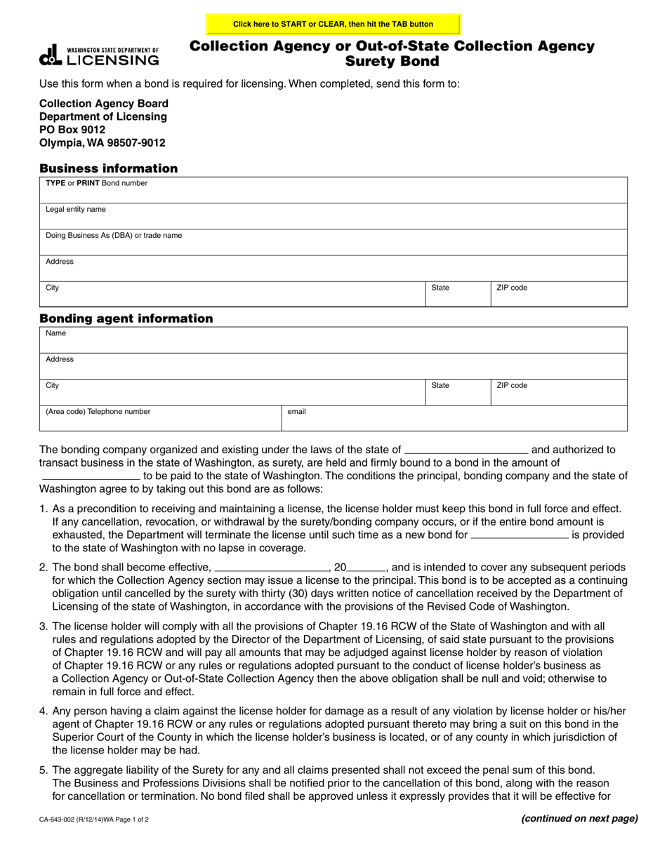 Form CA-643-002 Collection Agency or Out-of-State Collection Agency Surety Bond - Washington, Page 1