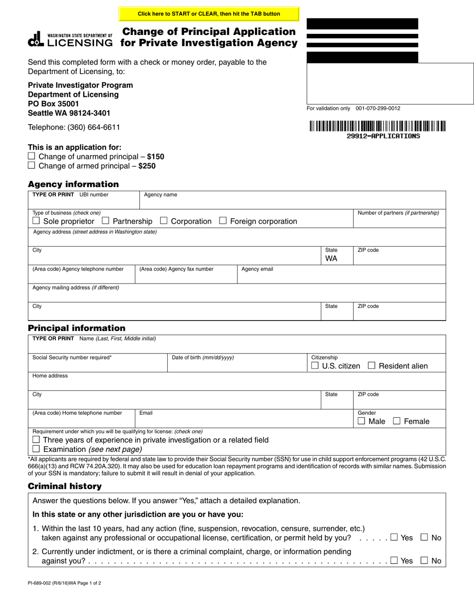 Form PI-689-002 Change of Principal Application for Private Investigation Agency - Washington, Page 1