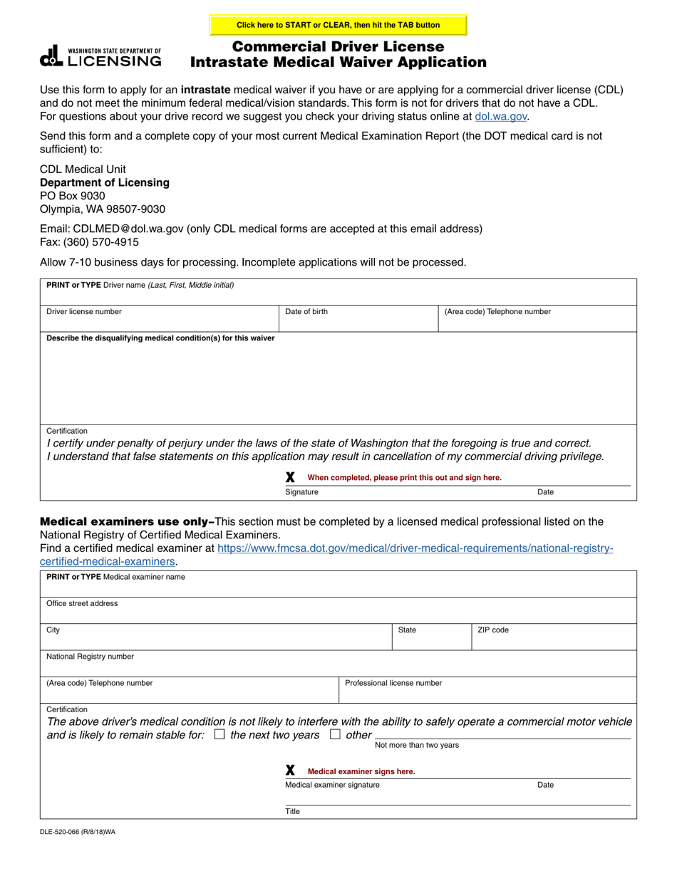 Form DLE-520-066 Commercial Driver License Intrastate Medical Waiver Application - Washington, Page 1