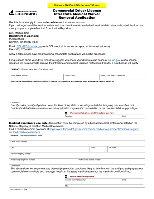 Form DLE-520-067 Commercial Driver License Intrastate Medical Waiver Removal Application - Washington