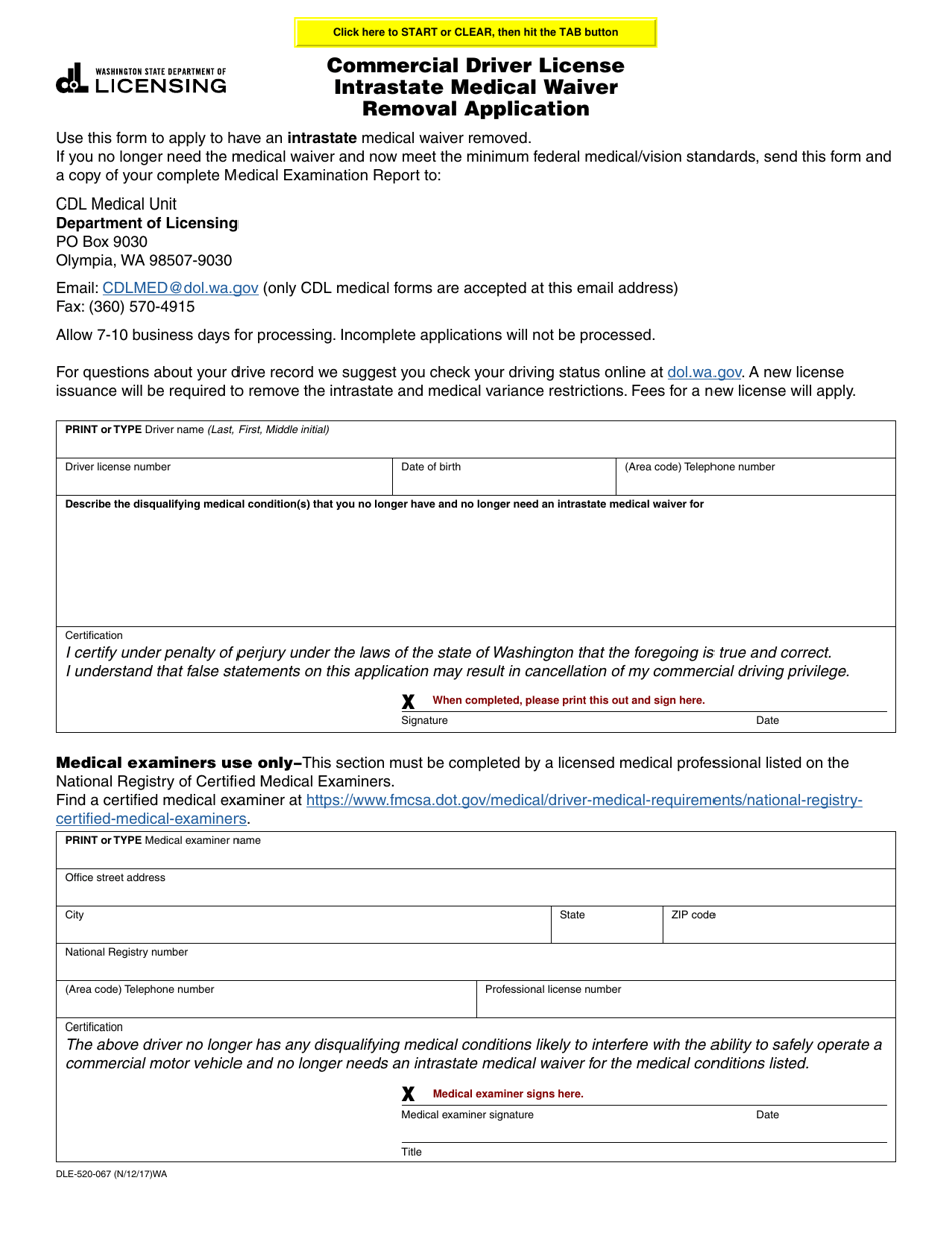 Form DLE-520-067 Commercial Driver License Intrastate Medical Waiver Removal Application - Washington, Page 1